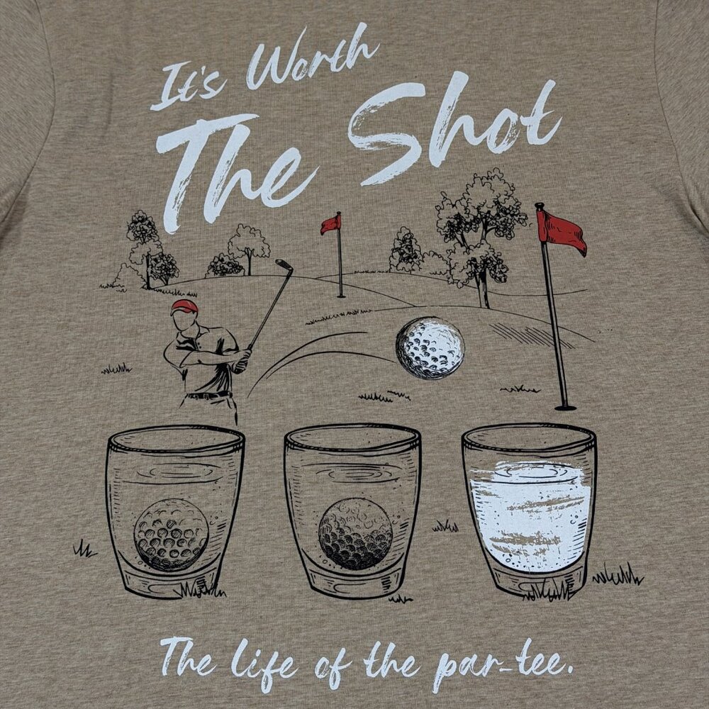 Free Planet It's Worth The Shot Mens Graphic T-Shirt Tan Medium Golf Stretch NWT